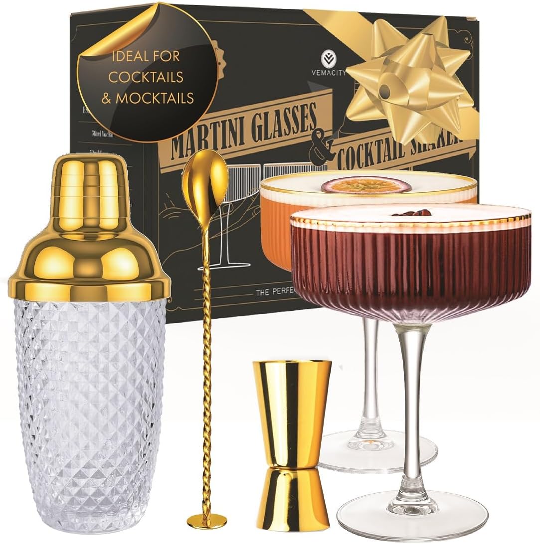 Luxury Gold Cocktail Shaker Set with Ribbed Martini Glasses