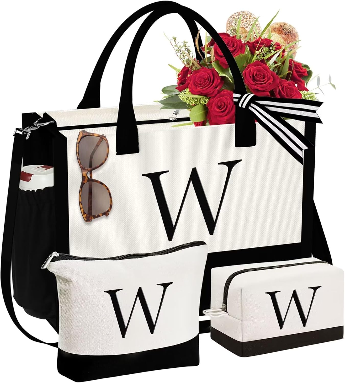 Personalized Initial Canvas Tote Bag & Makeup Bag Set for Women