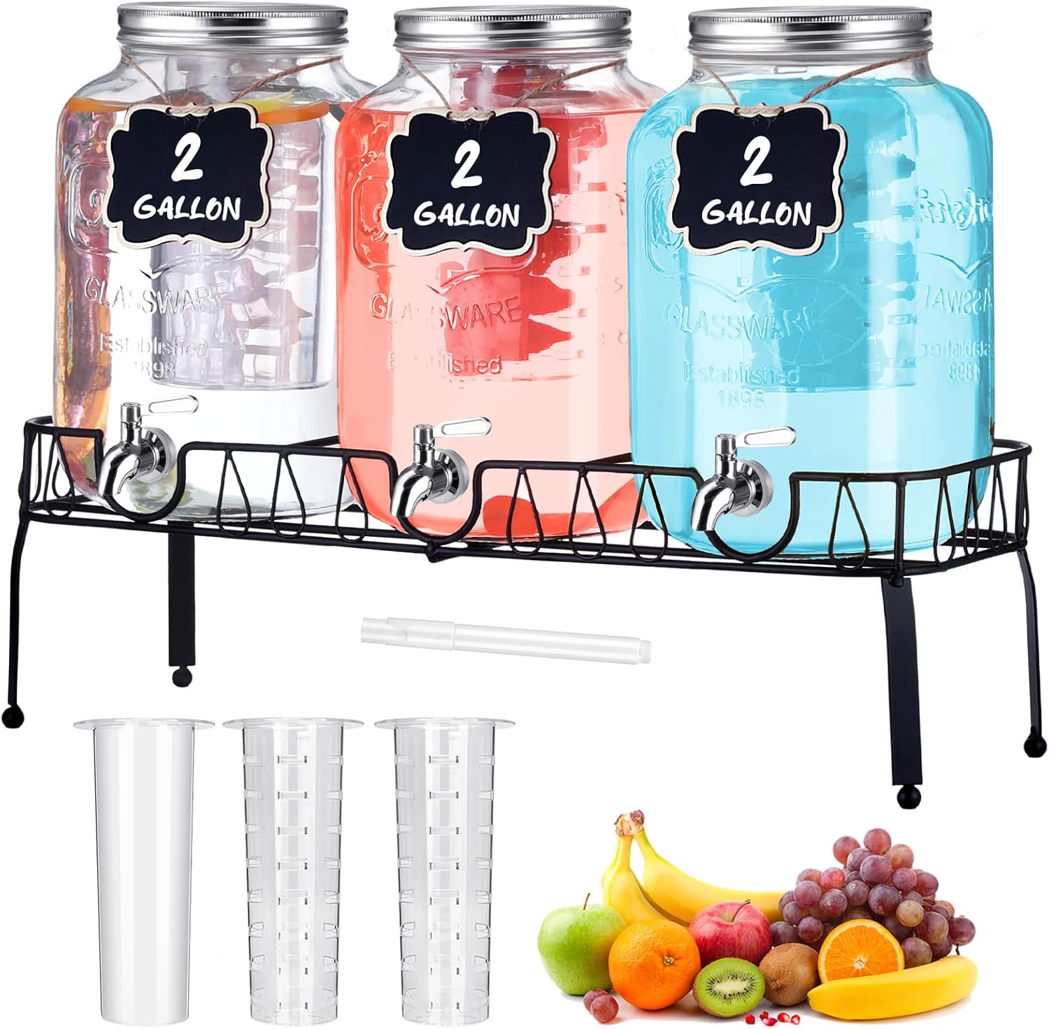 Lallisa 3 Pcs 2 Gallon Glass Drink Dispenser Set with Stand