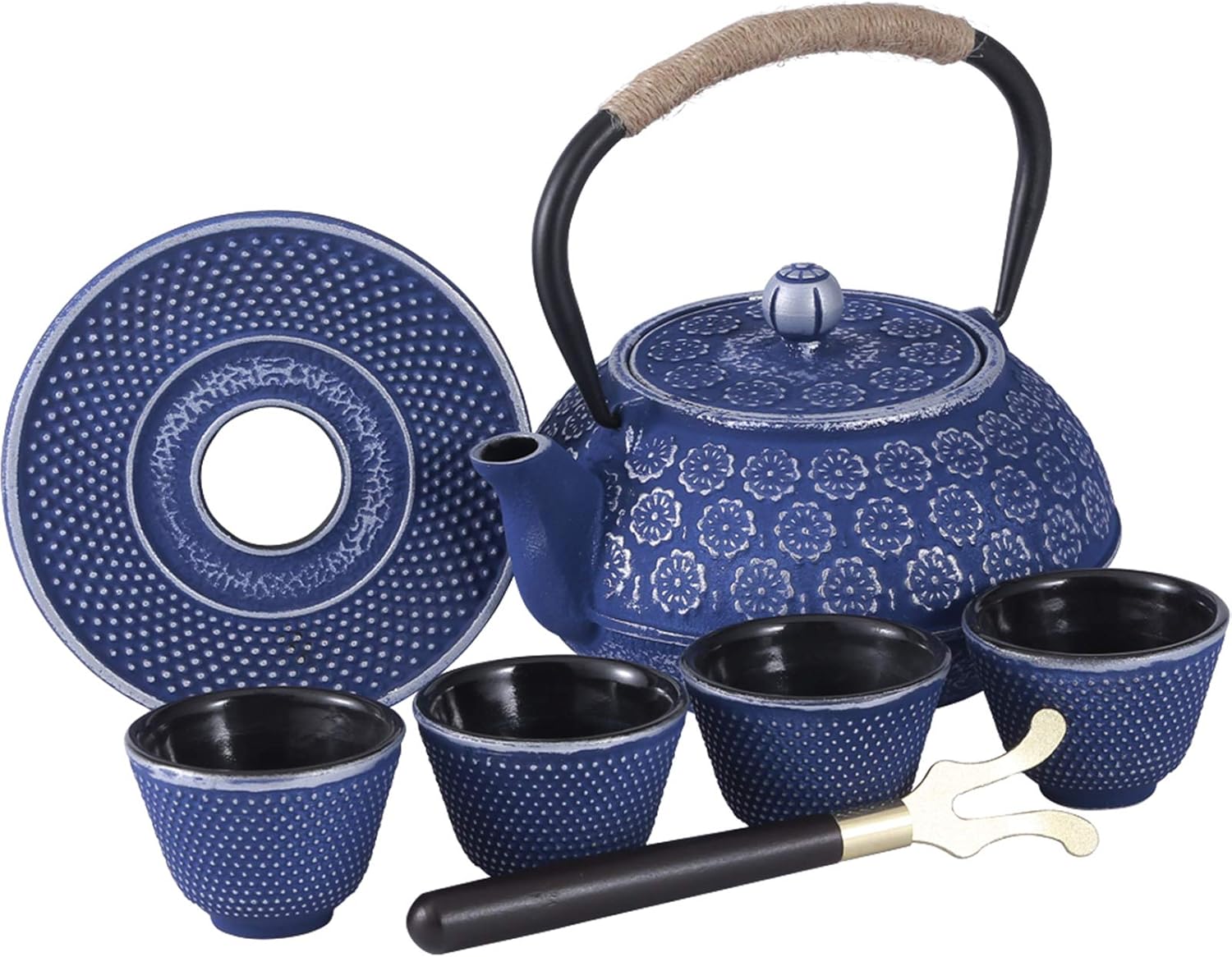 Ufine Blue Floral Cast Iron Teapot Set for Tea Lovers