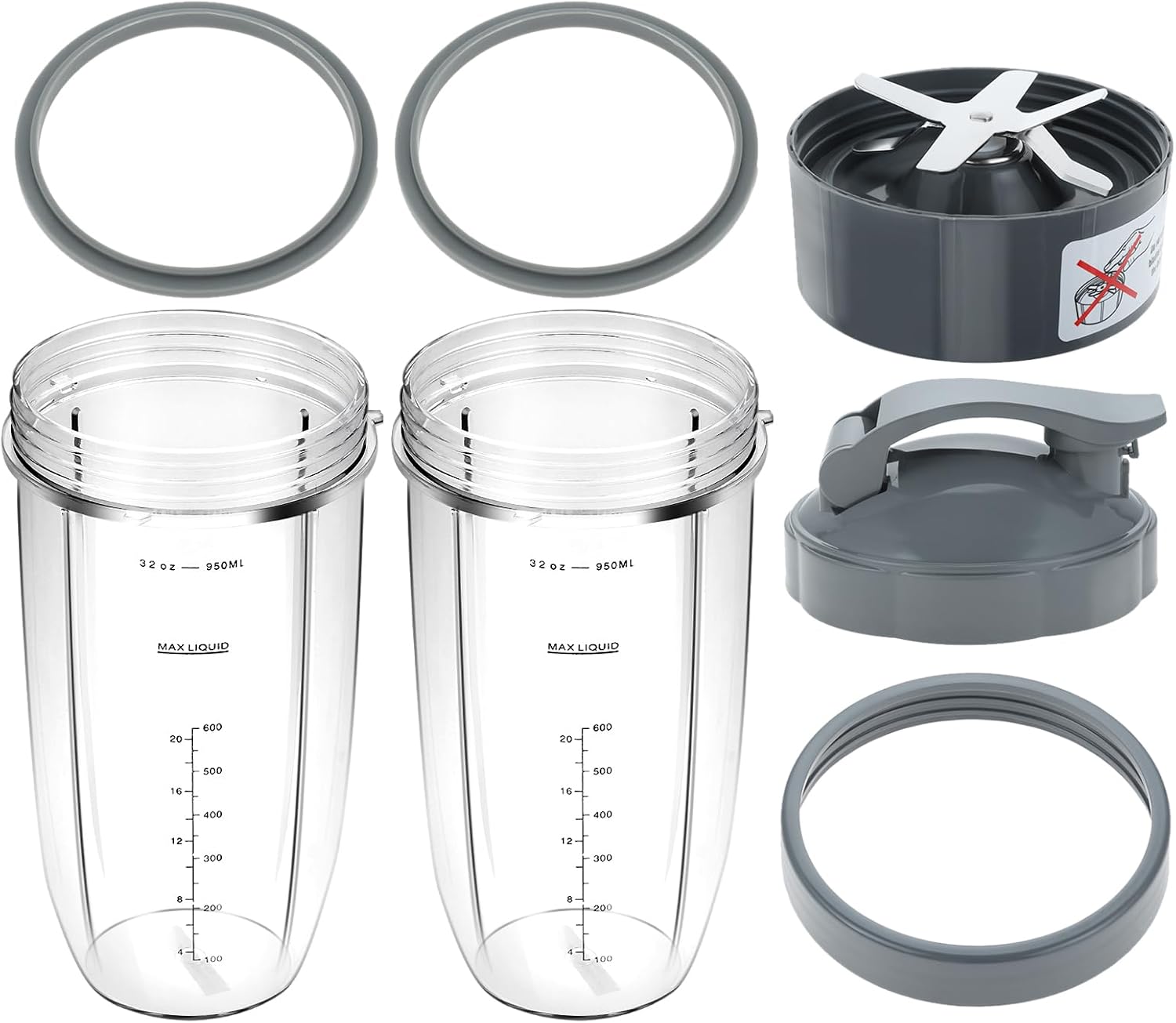 DRELD 8pc Nutribullet 32oz Cup Set, Flip-Top Lid, Brush, Compatible 600W/900W
