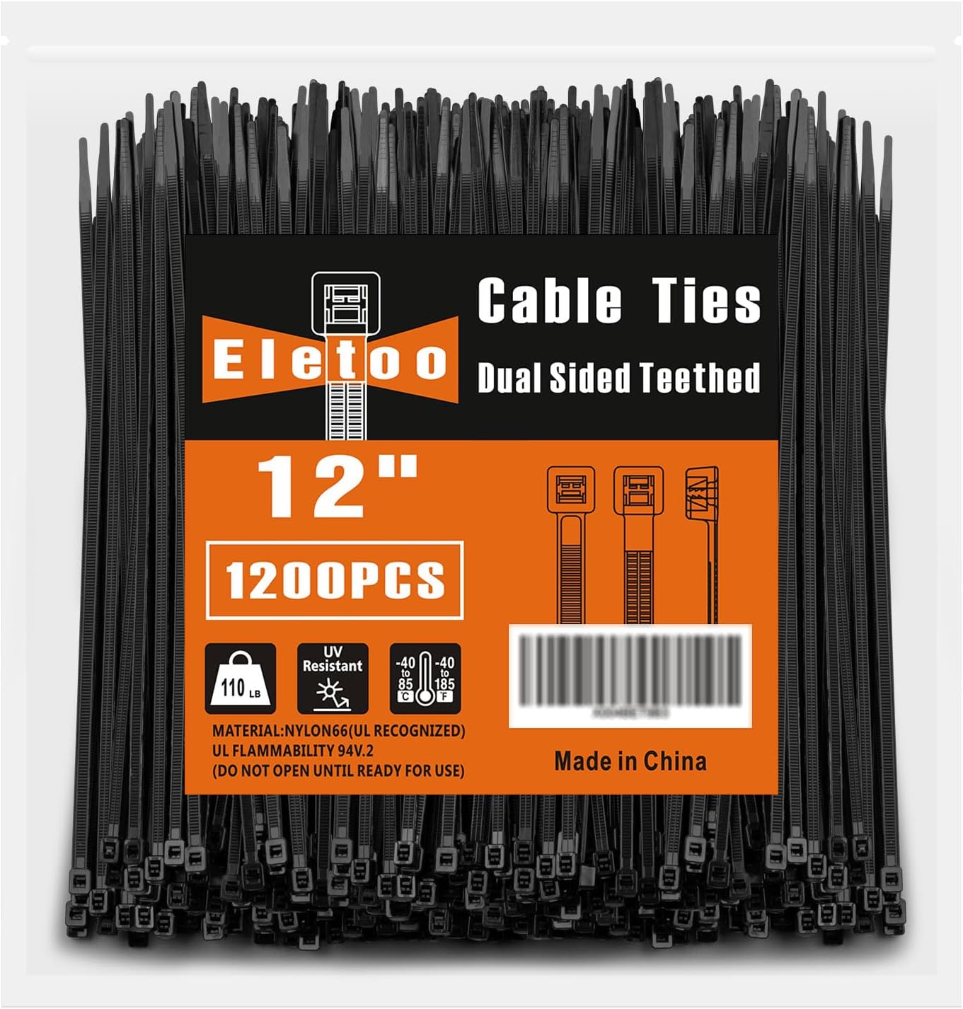 12 Inch Black Zip Ties - 1200 Pack with 110 LBS Strength