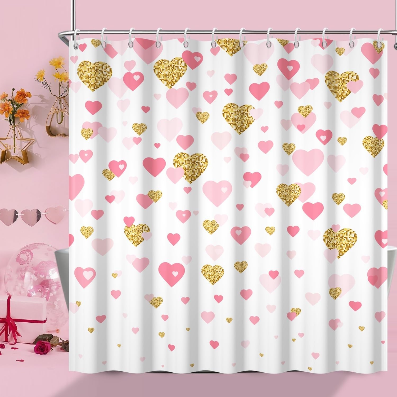 Romantic Gold & Pink Heart Shower Curtain Set