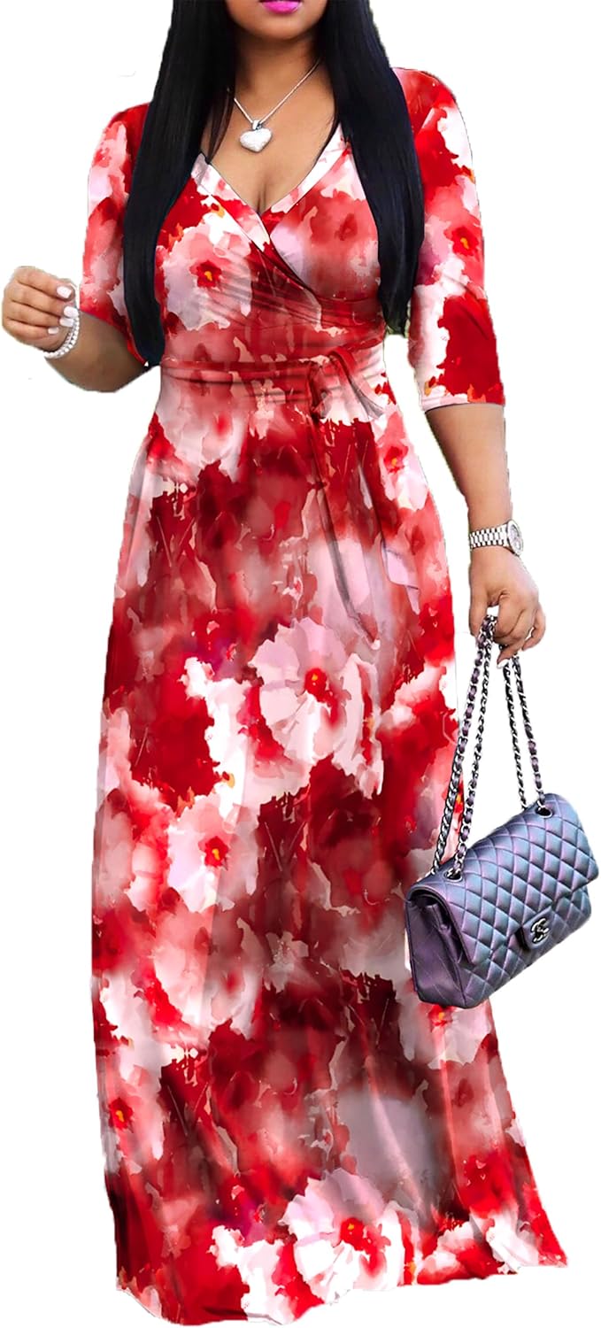 Stylish Women's Casual Sexy V Neck 3/4 Sleeves Maxi Dress