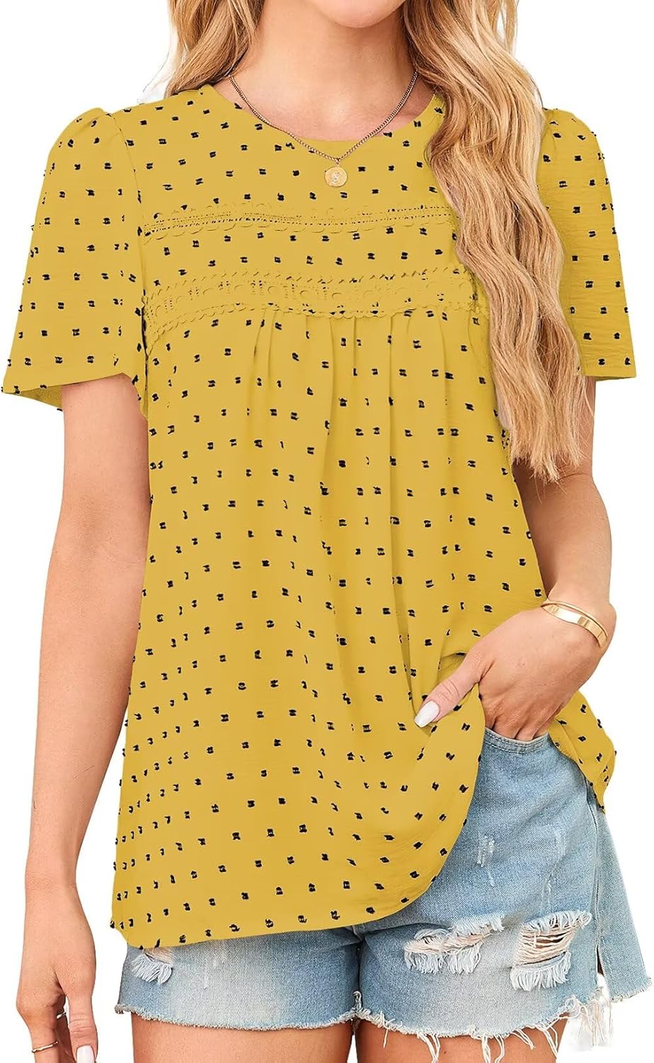 Womens Summer Tops Casual Chiffon Blouses with Lace Hem