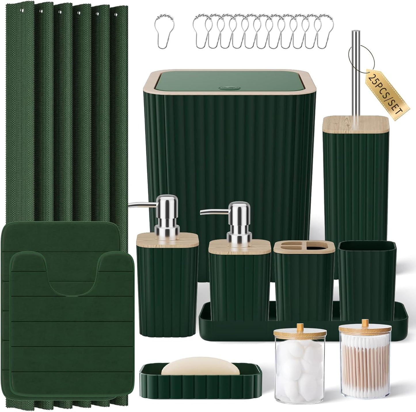 25PC Green Bathroom Accessories Set with Shower Curtain and Rugs