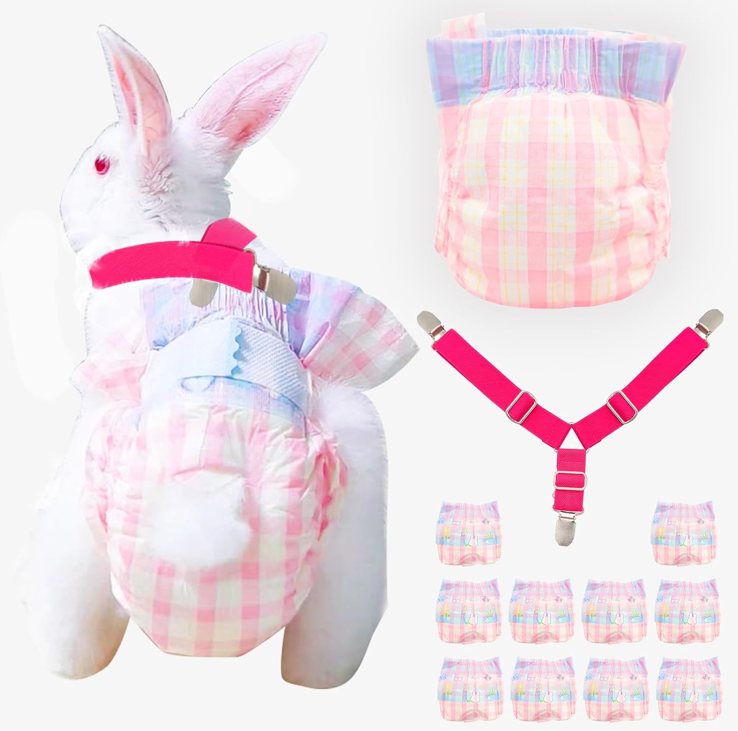 10PCS Pink Plaid Rabbit Diapers, Suspenders Included!