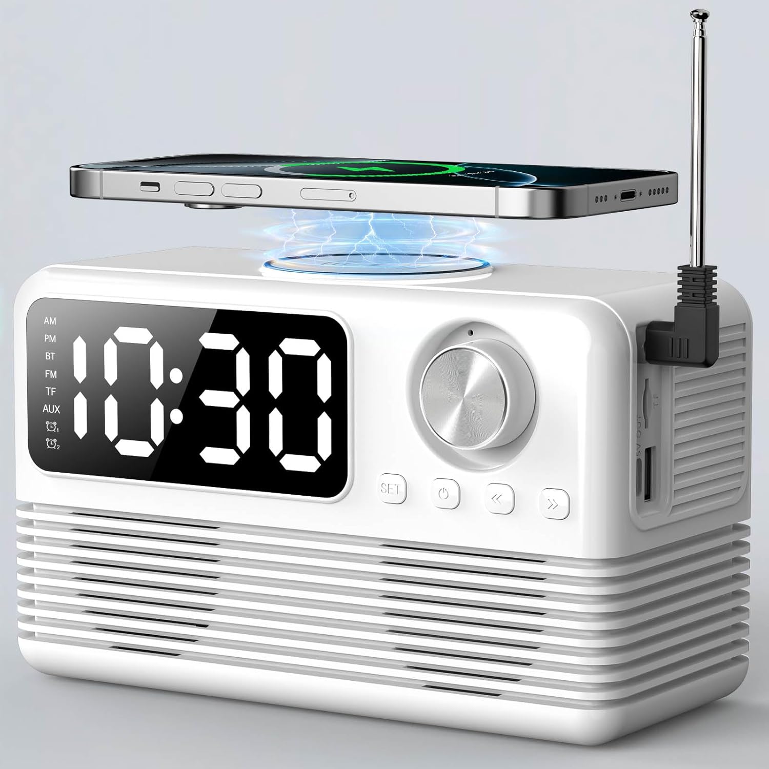 15W Fast Wireless Charger with Bluetooth Speaker and Alarm Clock