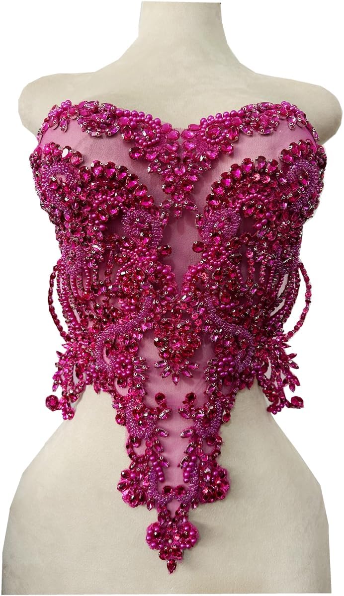 Handmade Rhinestones Lace Bodice Applique for Dress Clothes