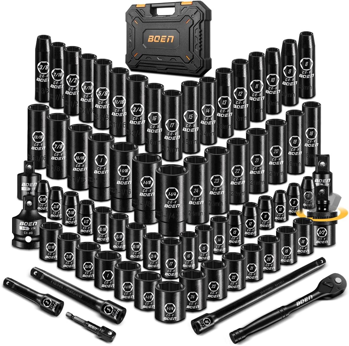 BOEN 1/2 Drive Impact Socket Set - 72 Piece SAE & Metric Kit
