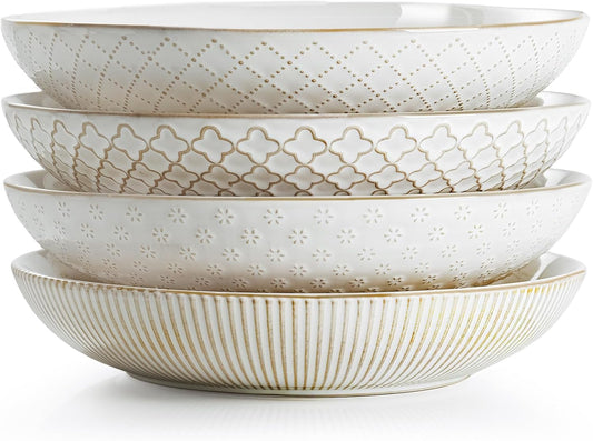 Large Ceramic Pasta Bowls Set of 4 with Farmhouse Design
