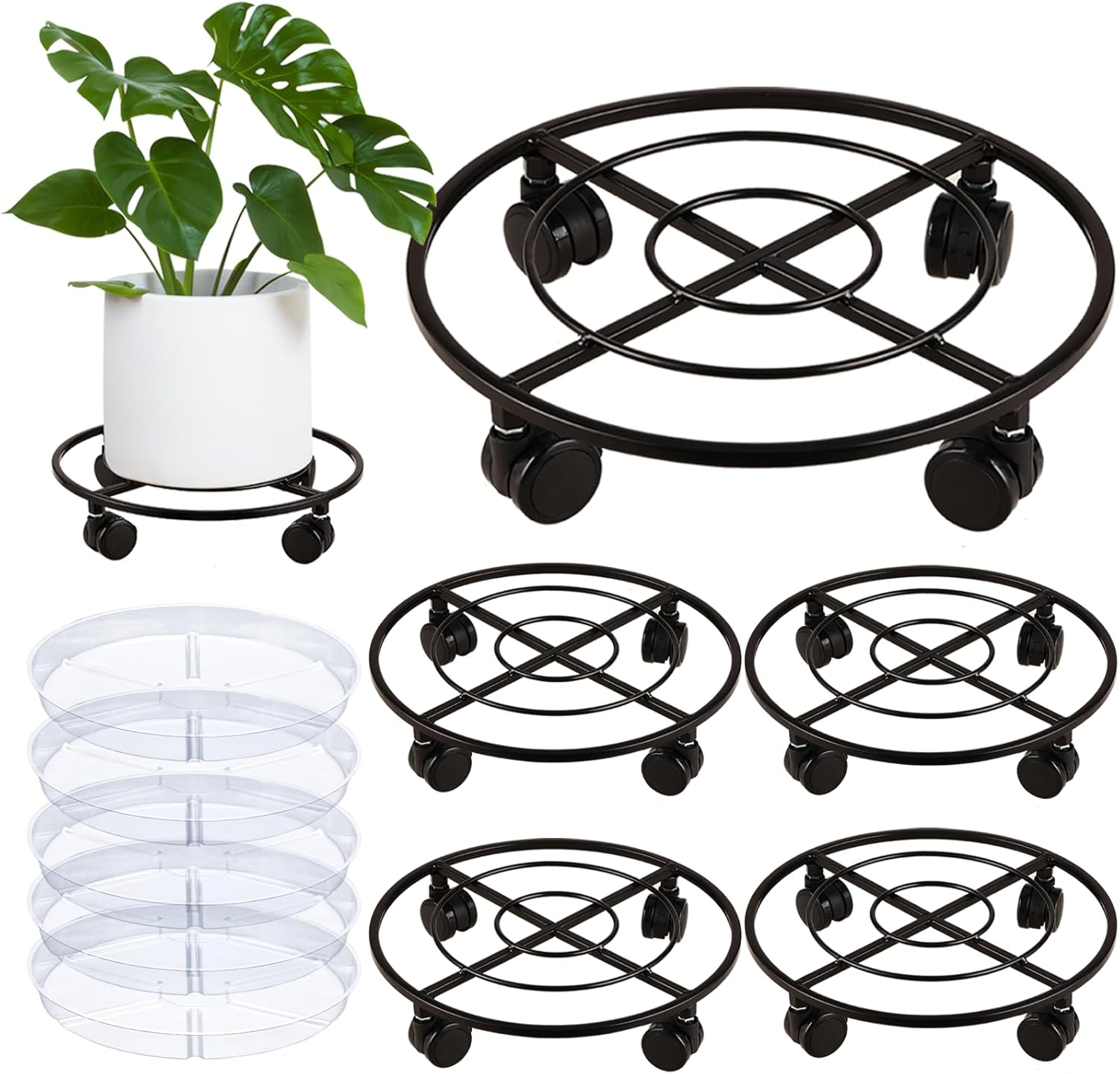 Large Metal Plant Caddy Set of 5 with Heavy-duty Wheels