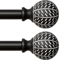 2 Pack Black Curtain Rods 18-60 in with Leaf Finials - Heavy Duty Set
