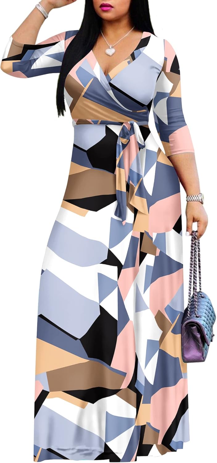 Floral Print Maxi Dresses for Women with Pockets and Sleeves