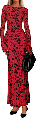 Floral Bodycon Maxi Dress - Elegant Mesh Long Sleeve Formal Wear
