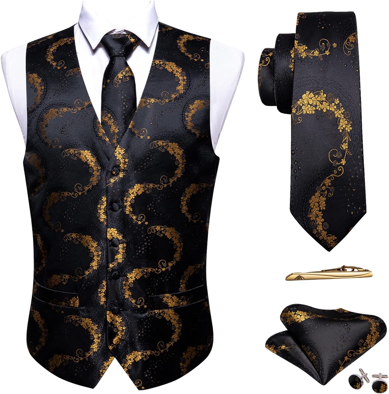 Barry.Wang Mens Suit Vest Set with Silk Jacquard Waistcoat