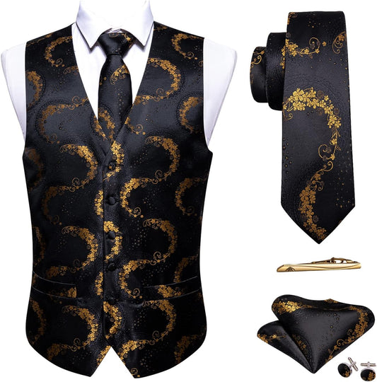 Barry.Wang Mens Suit Vest Silk Jacquard Waistcoat Ties Set
