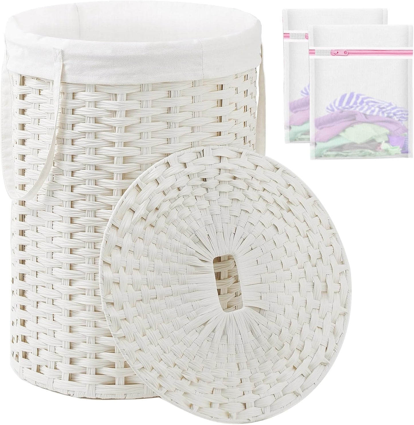 Round Rattan Laundry Basket with Lid and Handles for Storage