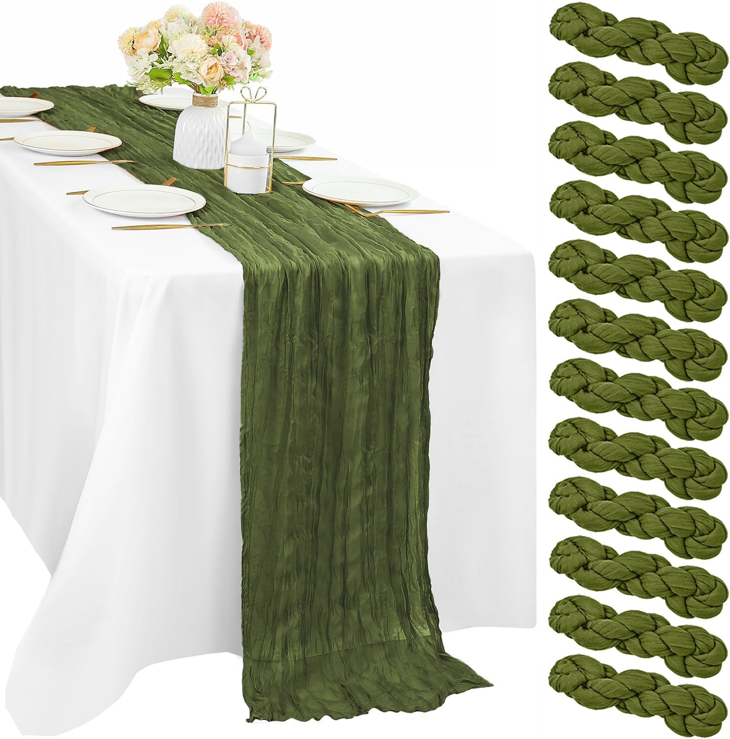 12 Pieces Olive Green Cheesecloth Table Runner for Events