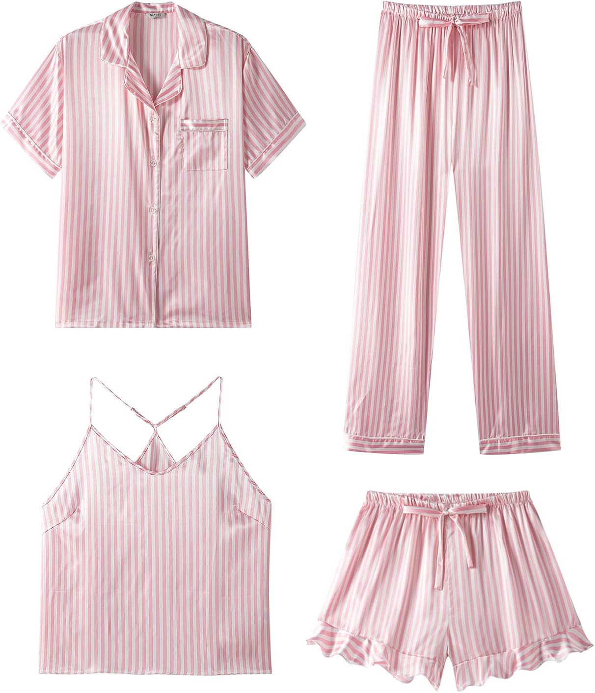 Luxurious Silk Pajamas for Women Set - 4Pcs Ruffled Satin Set