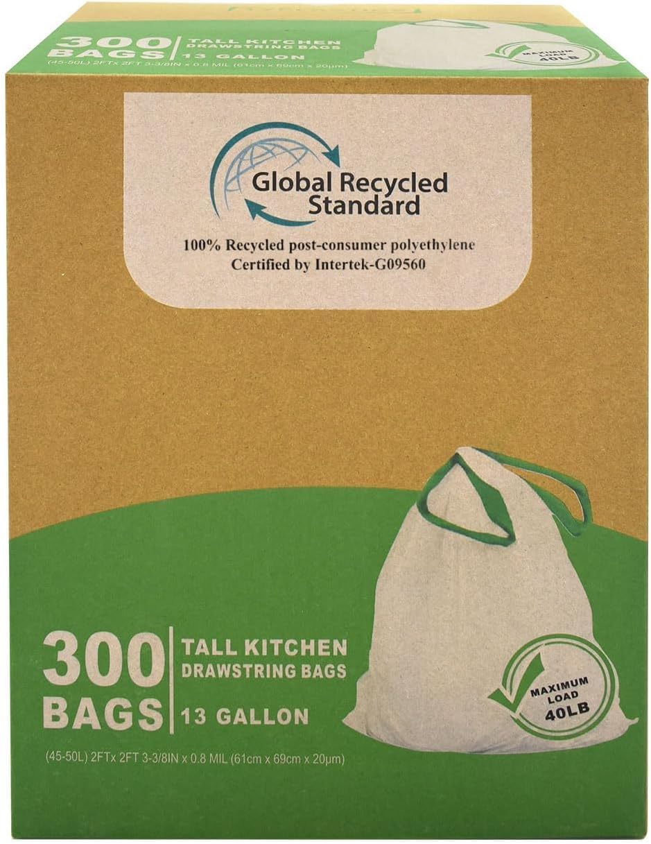 Eco-Friendly 13 Gallon Tall Kitchen Drawstring Trash Bags - 300 Count