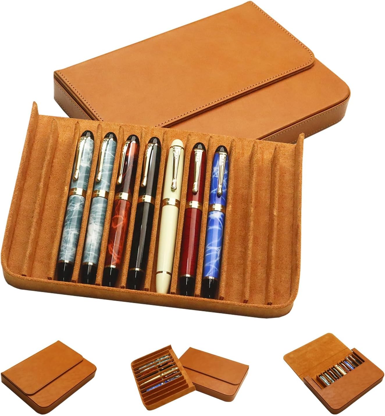 Leather Fountain Pen Case Organizer with Magnetic Closure Design