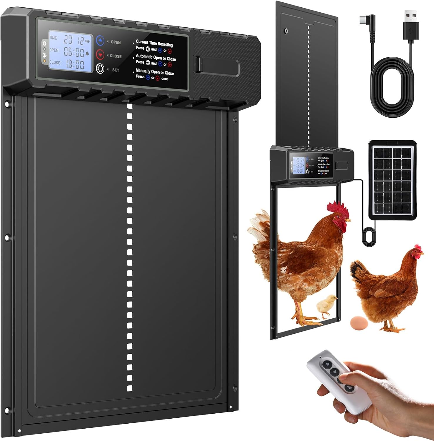 Automatic Chicken Coop Door Solar Powered for XL Hens Safety