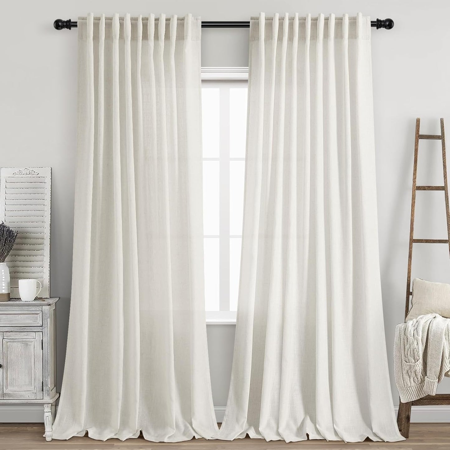 Linen Curtains 96 inches Long for Bedroom Back Tab Light Filtering