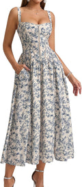 KUTUMAI Floral Corset Midi Dress Flowy Slit - Flattering Summer Casual