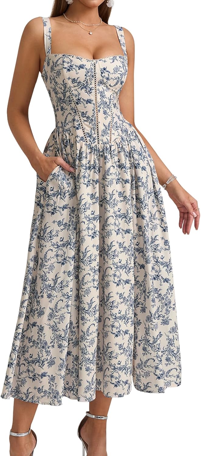 Floral Corset Midi Dress with Pockets for Summer Weddings