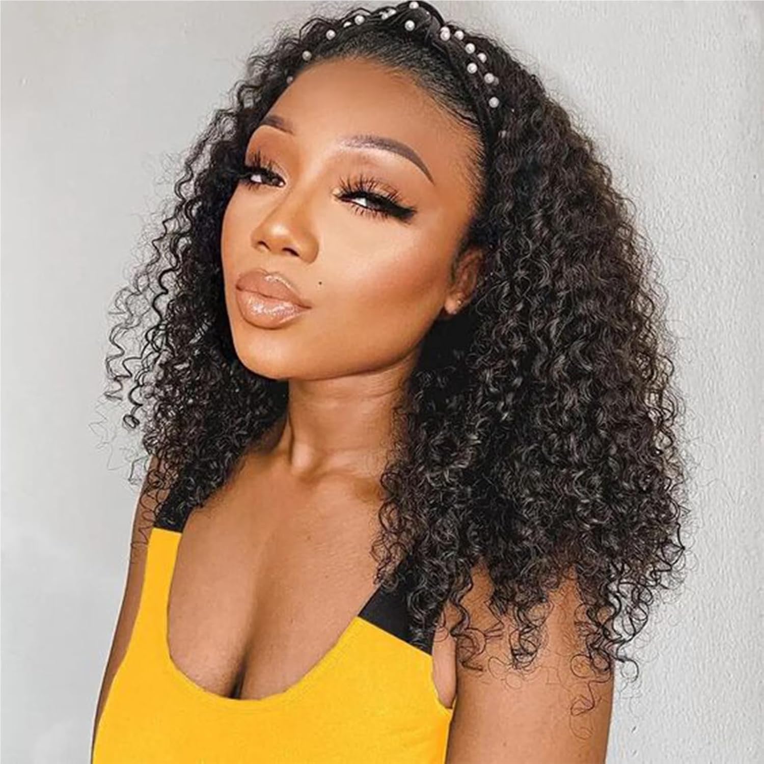 Deep Wave Headband Wig Human Hair 16 in Glueless Design for Women