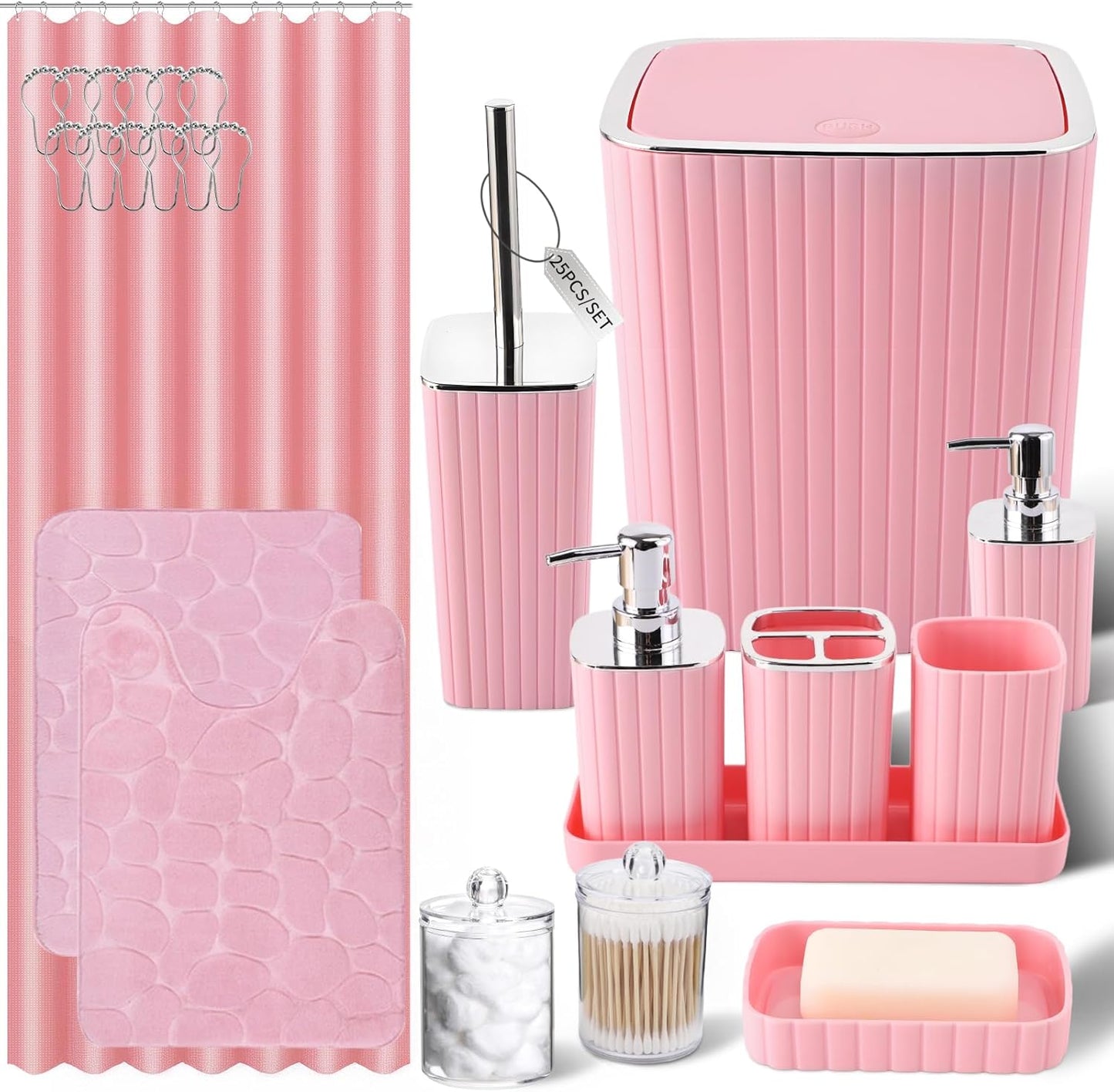 25PC Pink Bathroom Accessories Set with Shower Curtain & Rugs