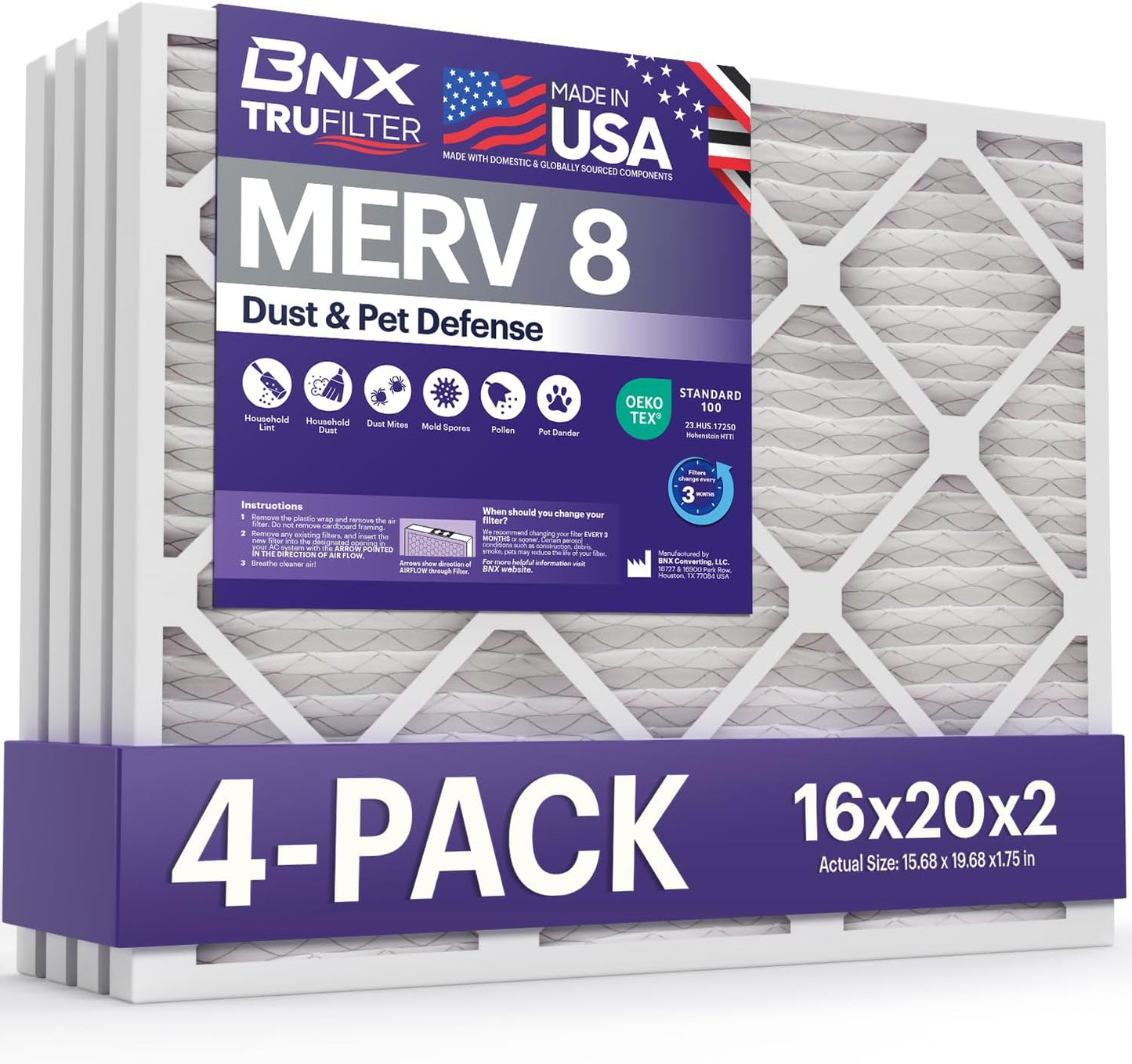 BNX TruFilter 16x20x2 Air Filter MERV 8 for Dust & Pet Defense