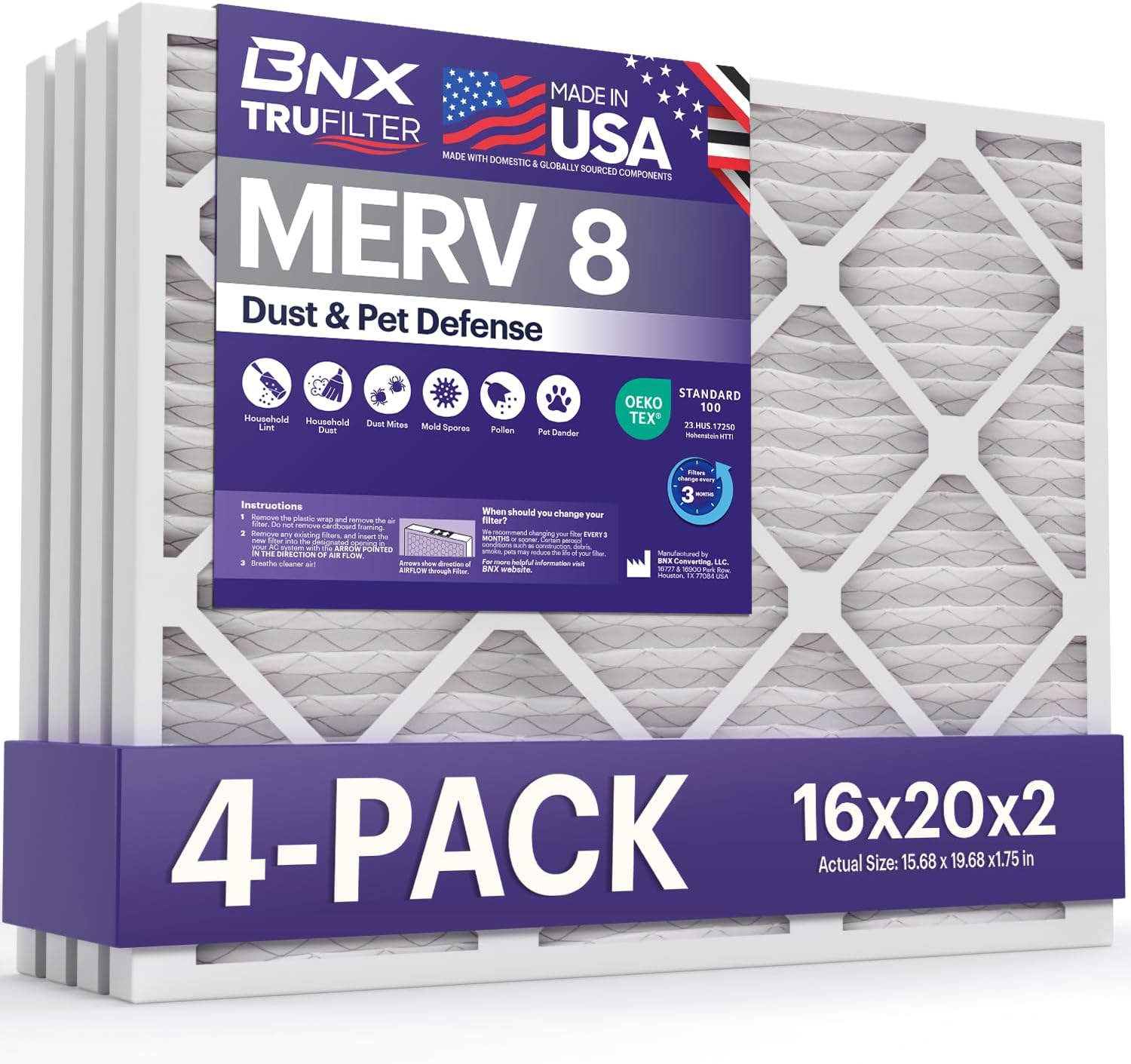 BNX TruFilter 16x20x2 Air Filter MERV 8 for Dust & Pet Defense