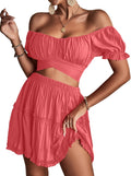 LYANER Women's 2 Piece Floral Off Shoulder Tie Up Crop (Style YS1F)