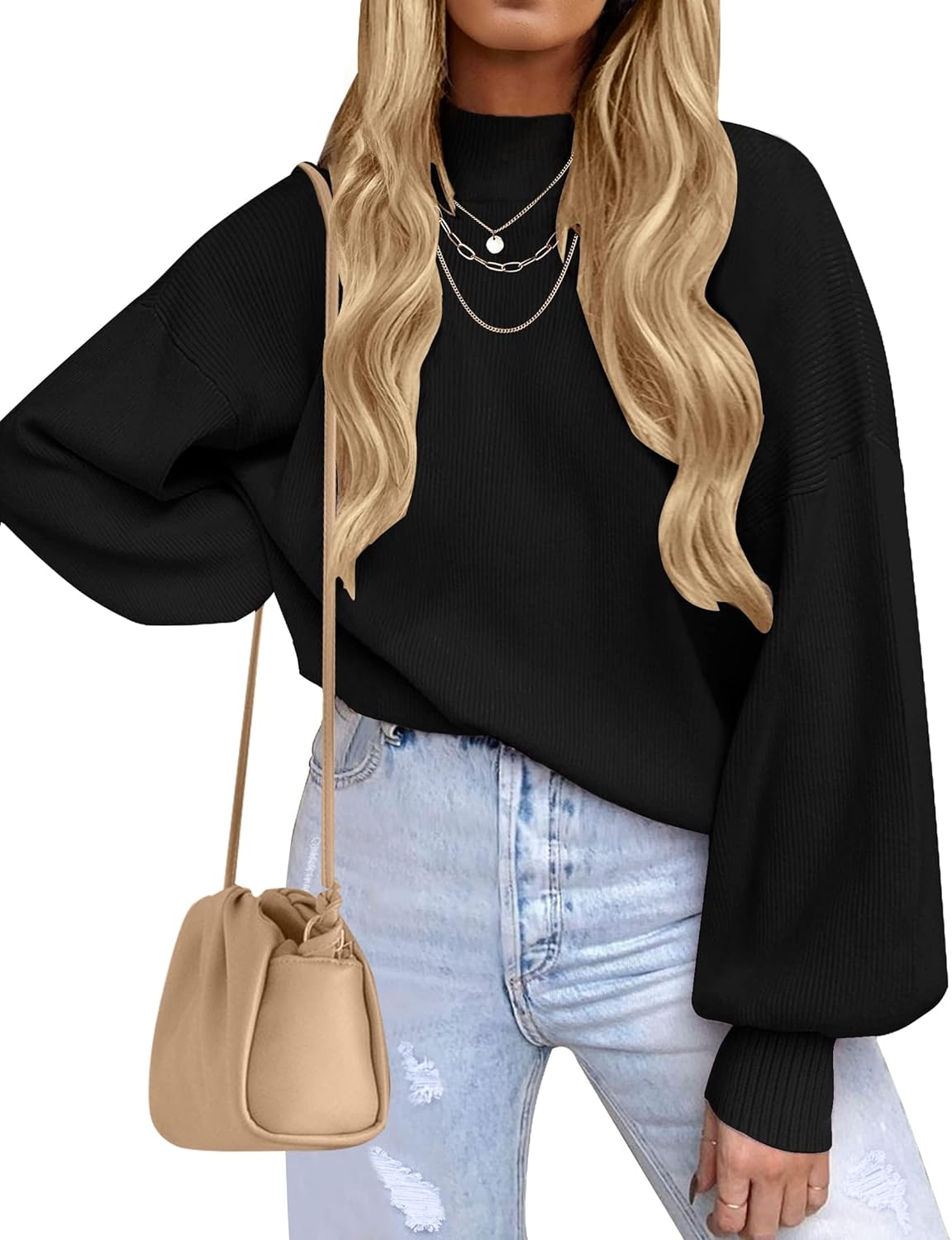 ZESICA Women's Casual Turtleneck Lantern Sleeve Sweater Top