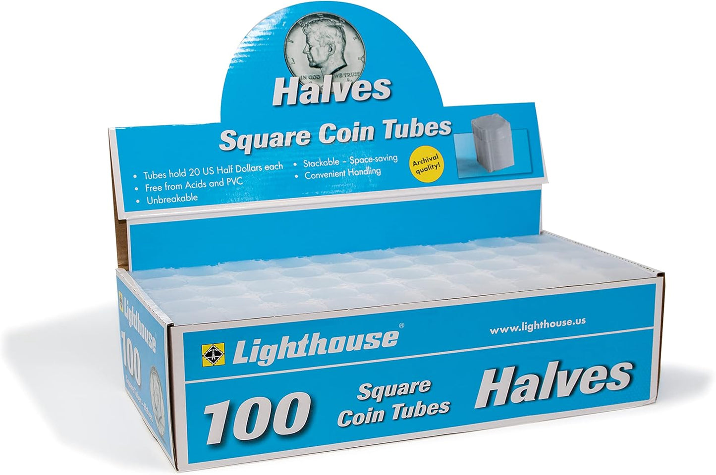 LIGHTHOUSE Square Coin Tubes for US Half Dollars - 100 Pack