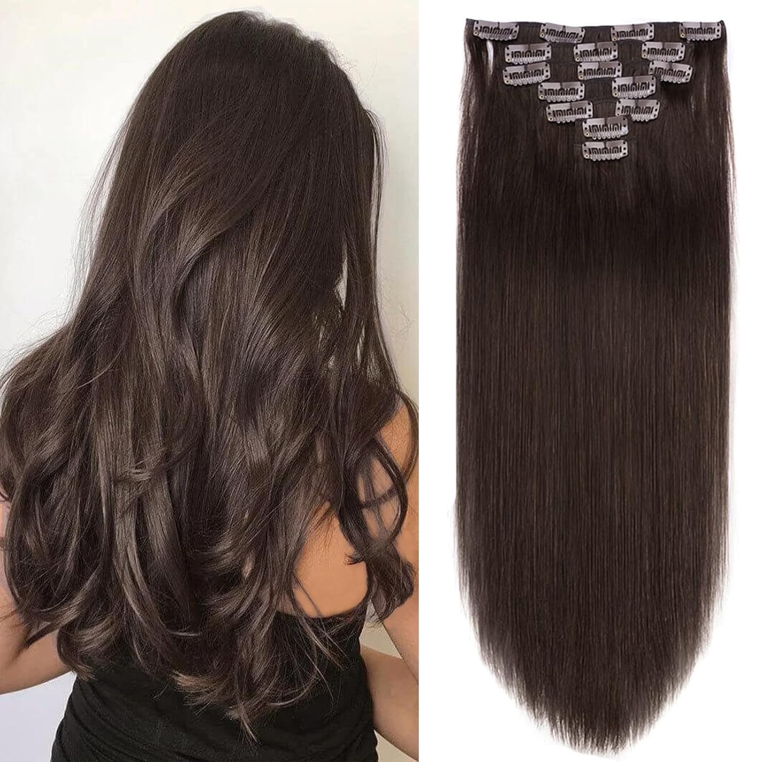 20 Clip in Human Hair Extensions Full Head 180g Dark Brown