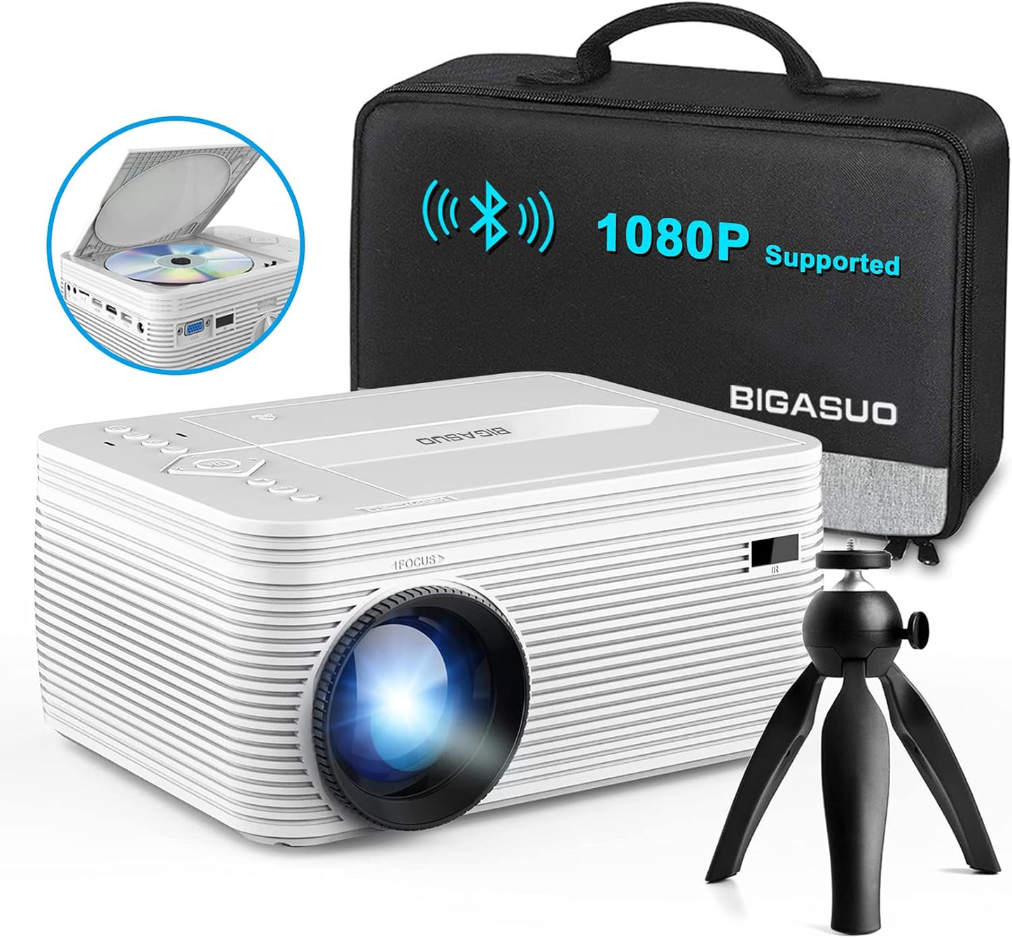 Bigasuo HD Bluetooth Projector: DVD Player, 1080P, Portable
