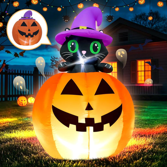 4FT Halloween Inflatable Cat Pumpkin with LED Lights for Parties