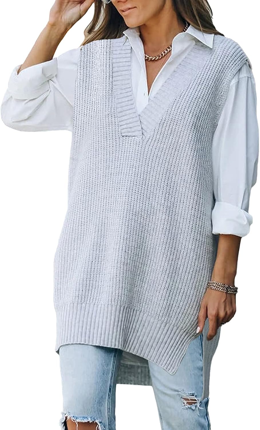Viottiset Women's Oversized V Neck Knit Sweater Vest for Style