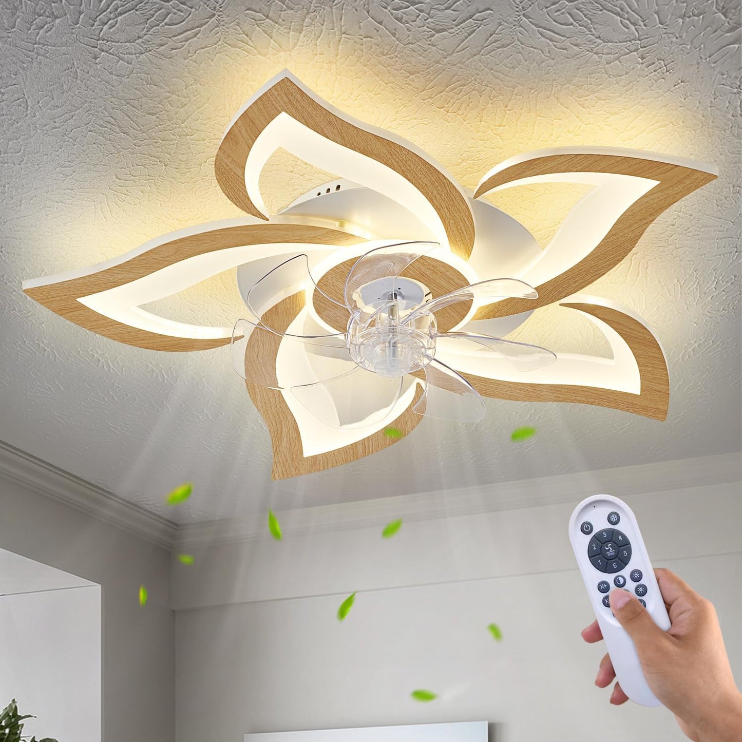 24 Inch Wooden Geometric Ceiling Fan with Lights and Remote Control