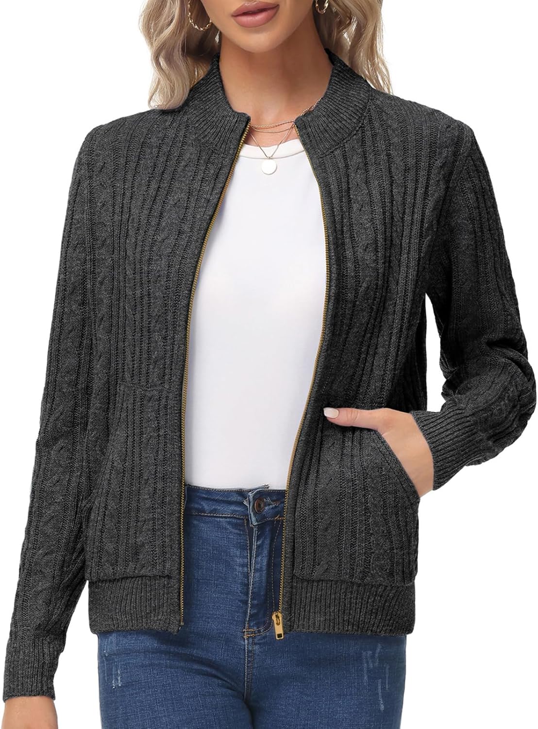 KANCY KOLE Women's Zip Up Cable Knit Sweater Cardigan with Pockets