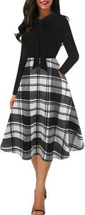 Women's Vintage Bow Tie V-Neck Swing A-line Dress - With Pockets