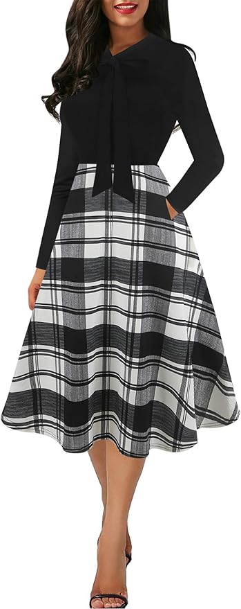 Oxiuly Women's Vintage Bow Tie V-Neck Casual A-line Dress