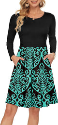 AUSELILY Womens Long Sleeve Knee Length Swing Dress - Pleated Comfort