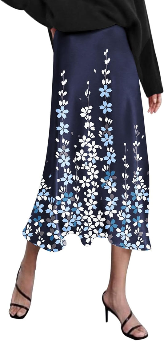 Elegant High Waist Satin Midi Skirt for Women by Zeagoo
