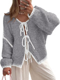 Womens Tie Front Bow Cardigan Sweater - Chunky Knit Puff Sleeve