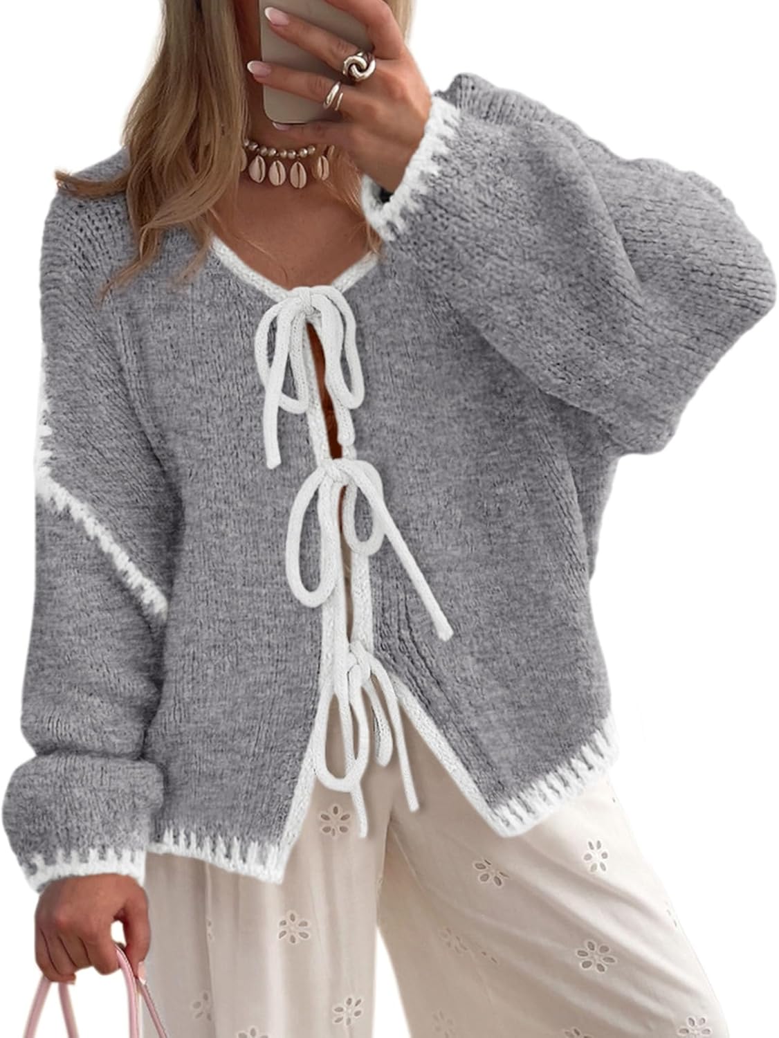 PRETTYGARDEN Women's Tie Front Bow Cardigan Sweater for Fall