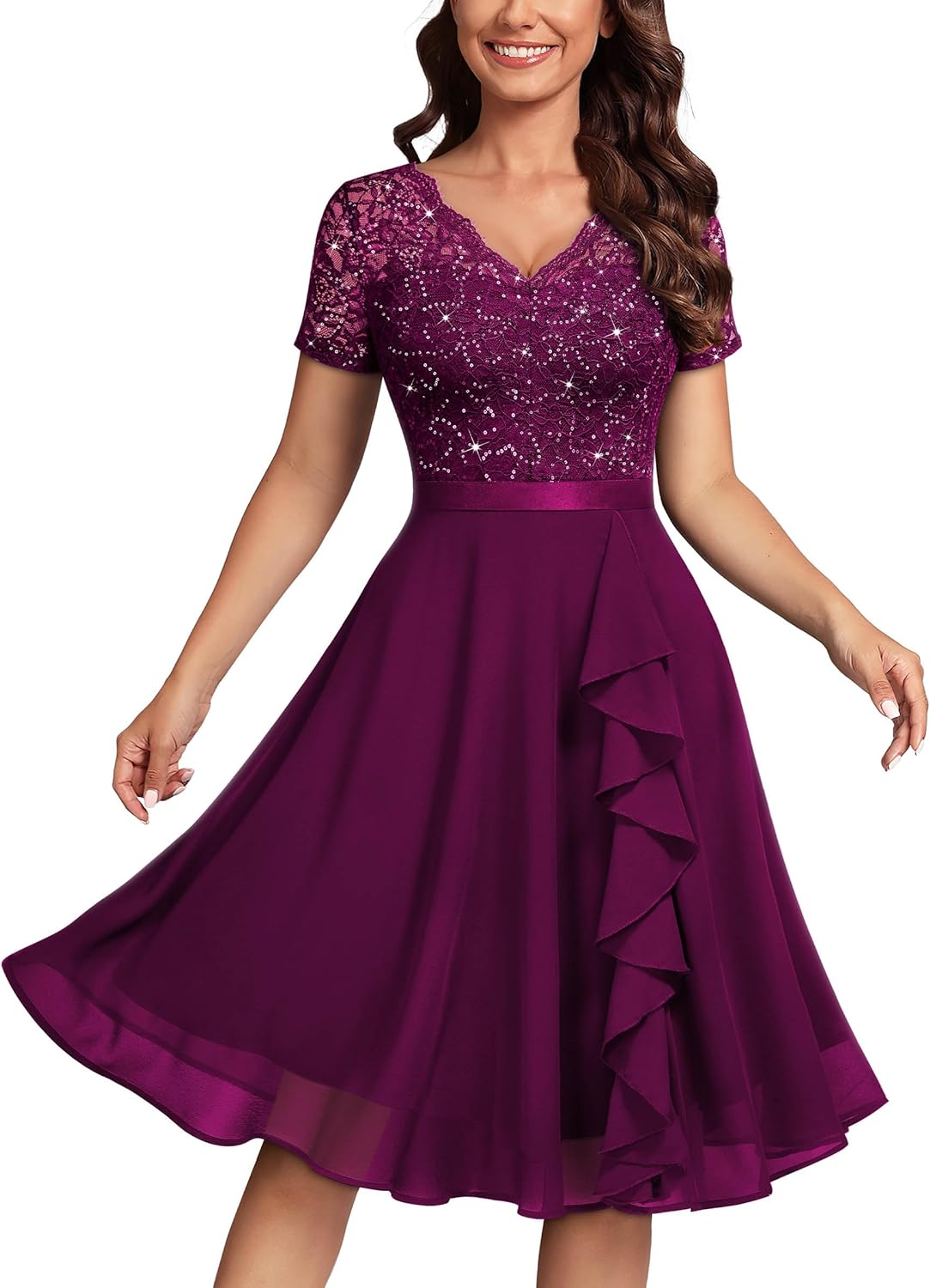 MISSMAY Women's Elegant Sequin Lace A-Line Cocktail Dress